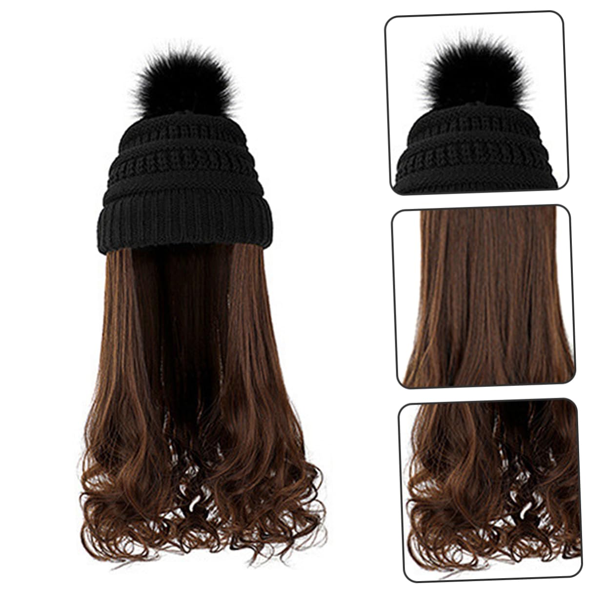 Gorro Cálido de Punto Peluca de Pelo Ondulado y Largo Talla Única Ajustable para Mujer Peluca de Cosplay para Invierno Gorro Desmontable Negro