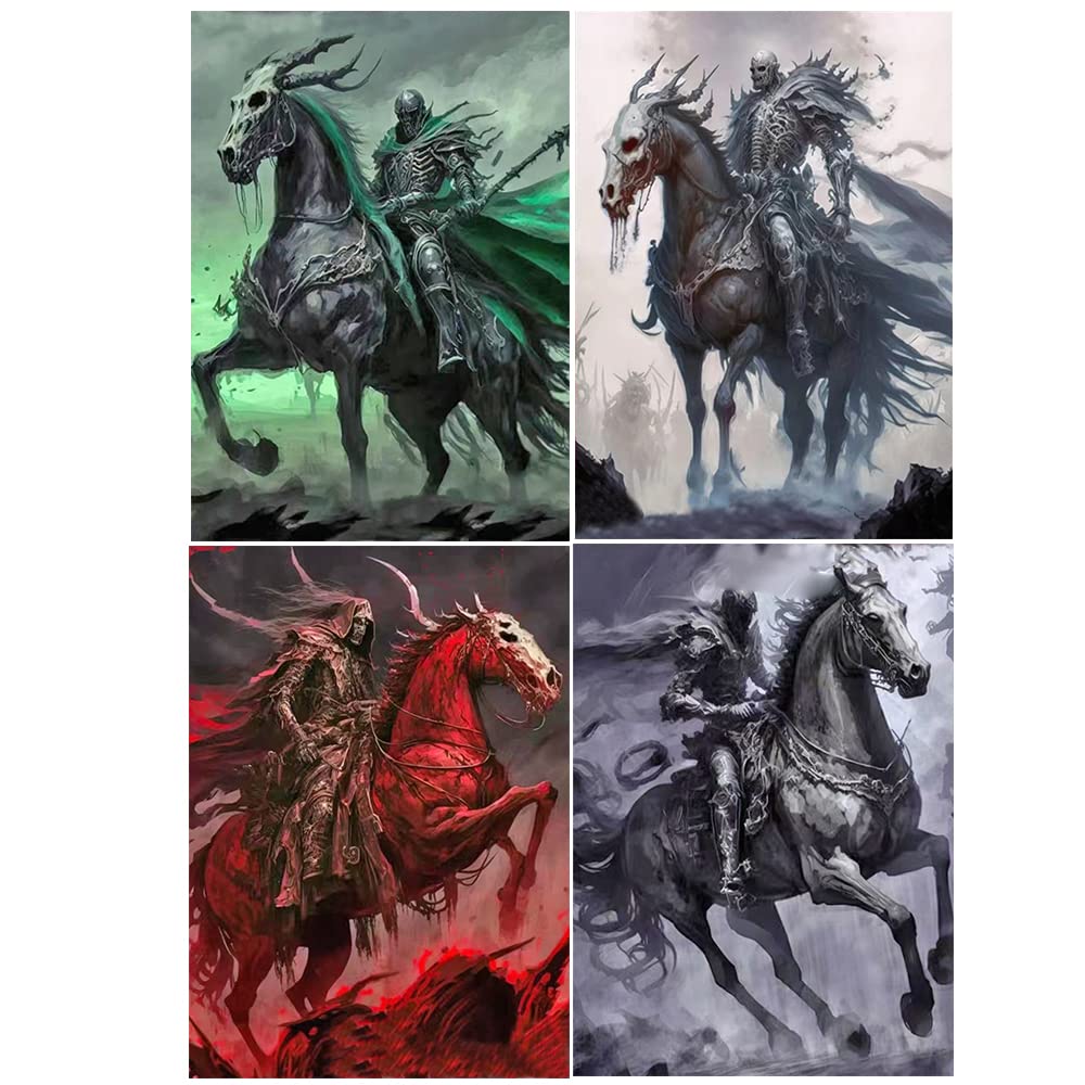 Pack de 4 Pintura Diamante Grande 5D 40x50 cm Diamond Painting Cuatro Jinetes del Apocalipsis (Conquest/Slaughter/Famine/Death) Pintura con Diamantes por Números Calaveras Puzzle Diamantes Adultos