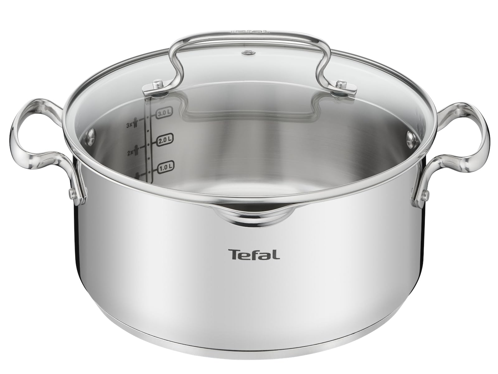 Tefal Duetto+ Kochtopf | Ø 24 cm | Alle Herdarten + induktionsgeeignet | einfache Reinigung in der Spülmaschine | Messskala | Glasdeckel zum Abgießen | 5 Liter Fassungsvermögen | Edelstahl