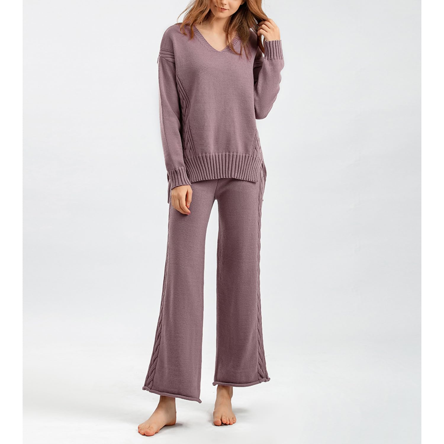 Ensemble de costume tricoté pour femme, ensembles de tenues de jogging 2 pièces, pull tricoté + pantalon large, combinaison de sport, survêtement, ensemble de vêtements de détente tendance