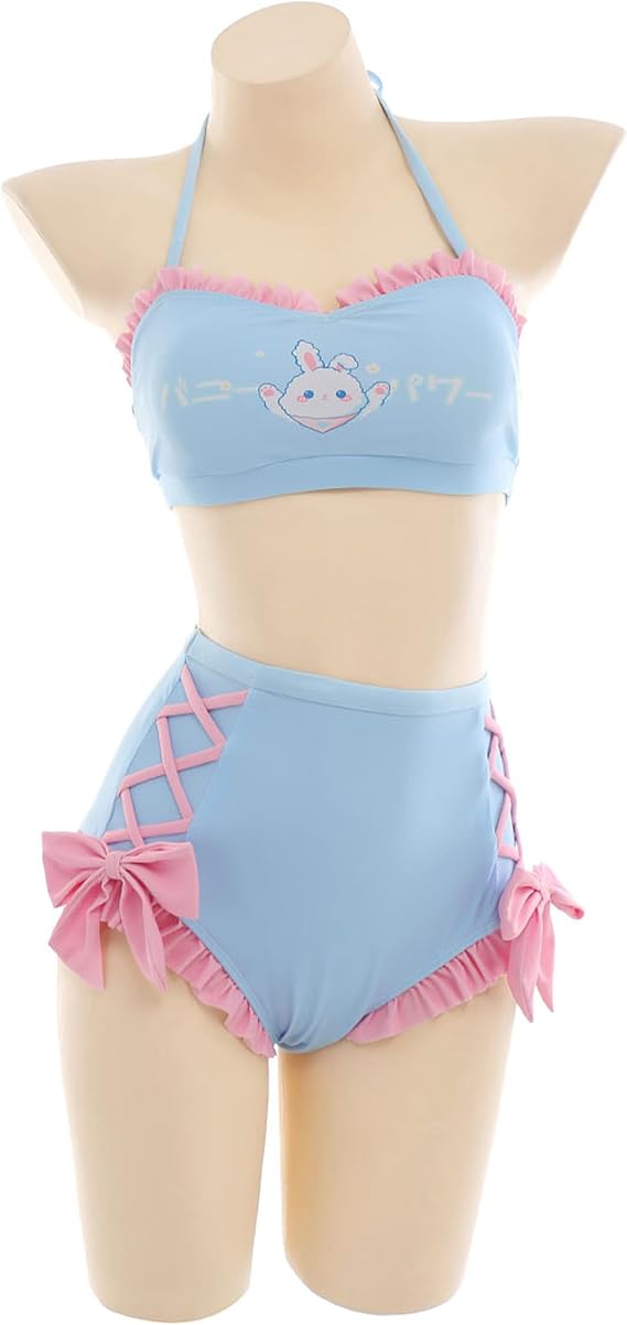 haikyuu Women Cute Bikini Set with Cover up Kawaii Bunny Two Piece Swimsuit Lace-up Bathing Suit