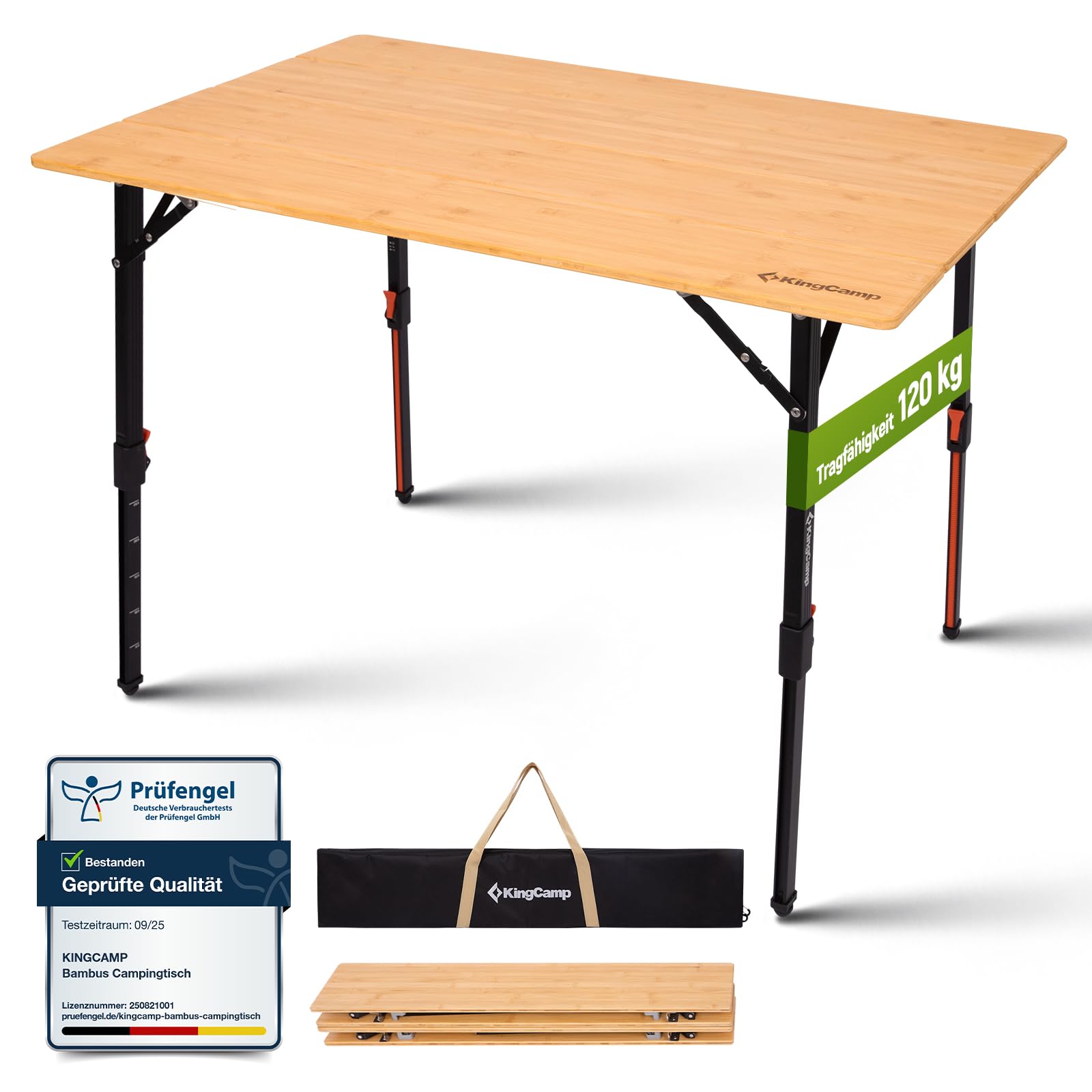 KingCamp Campingtisch Bambus Klapptisch Höhenverstellbar (42-70cm) Camping Tisch Faltbar Tragbar & Klappbar 120kg Belastbarkeit – Robuster Faltischer für Camping, Garten, Balkon & Picknick