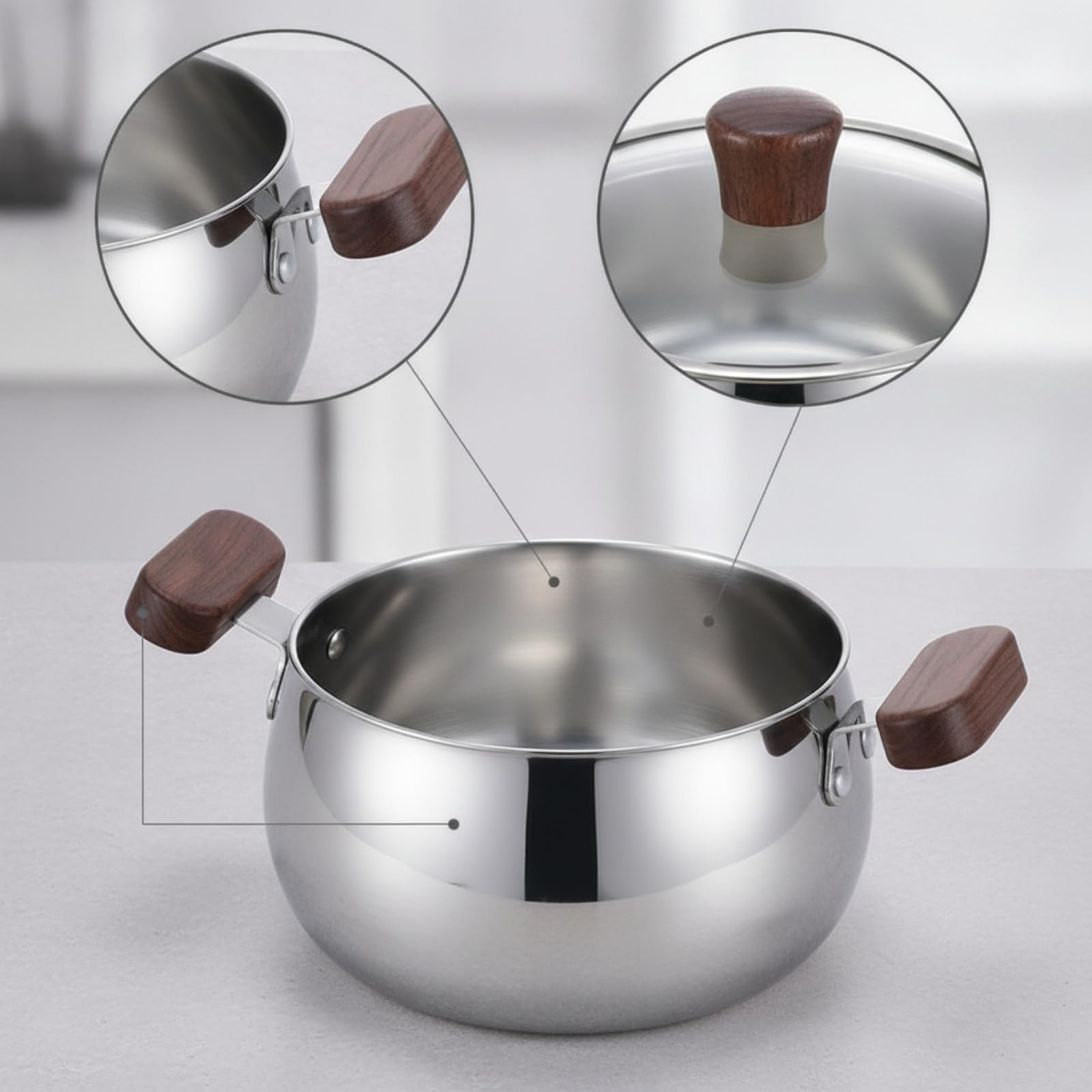 Pentola per Latte Pentolino Padella, 14cm, Manici Doppi In Legno Di Noce, 1200ml, Con Coperchio E Griglia Per Cottura A Vapore