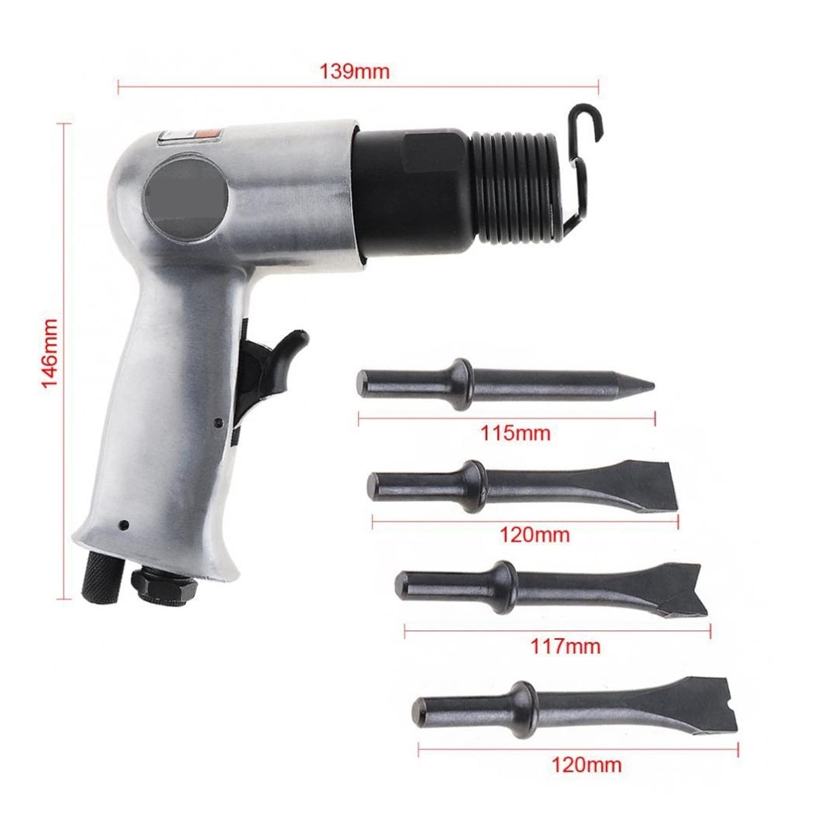 Martillo de Aire, 9150 120 mm Kit de martillo aire carrera media Pistola mano profesional Palas gas Martillo Pequeño removedor óxido Corte Perforación Astillado Herramientas neumáticas(9150 120mm)