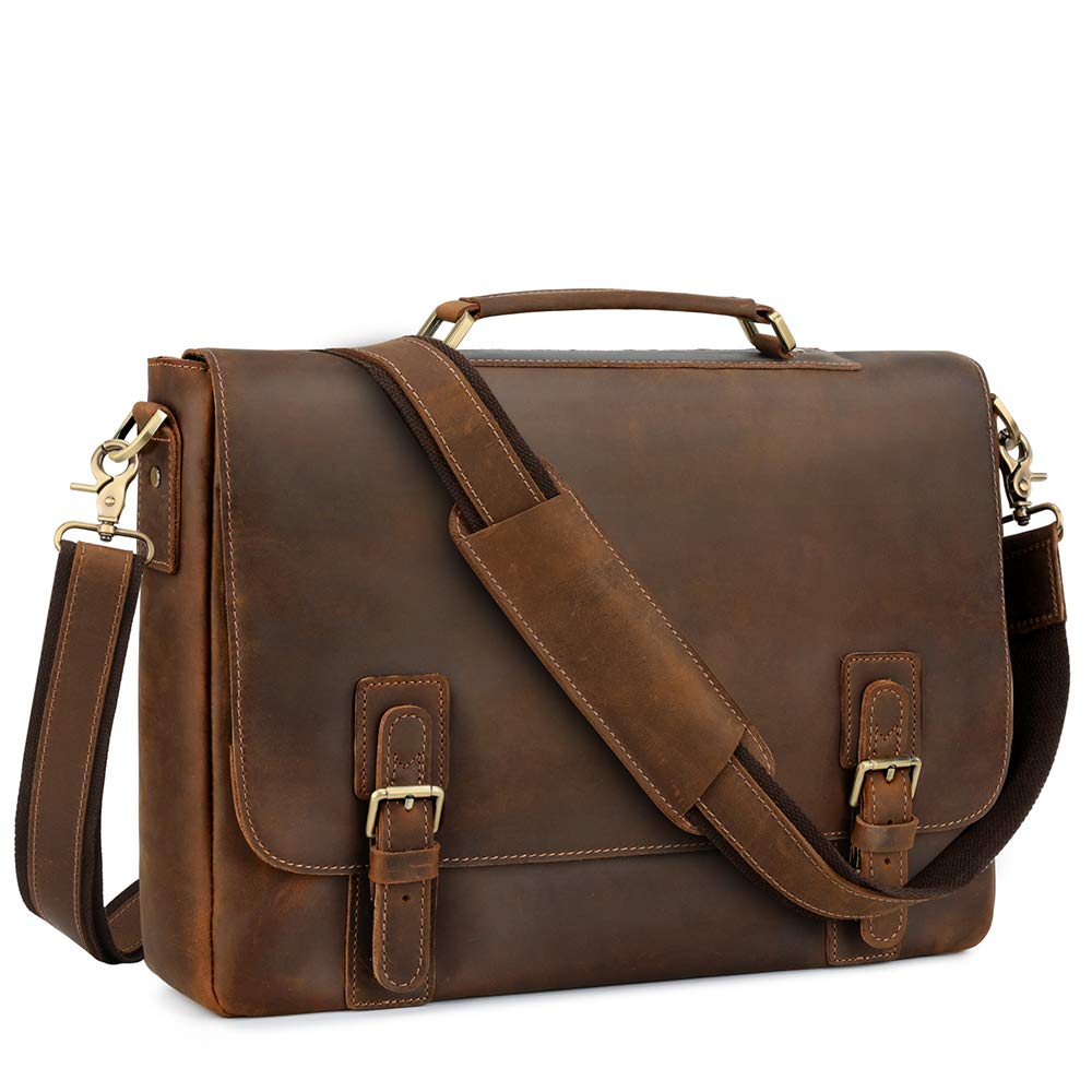 KatteeMen's Leather Satchel Briefcase, 15.6" Laptop Messenger Shoulder Bag Tote