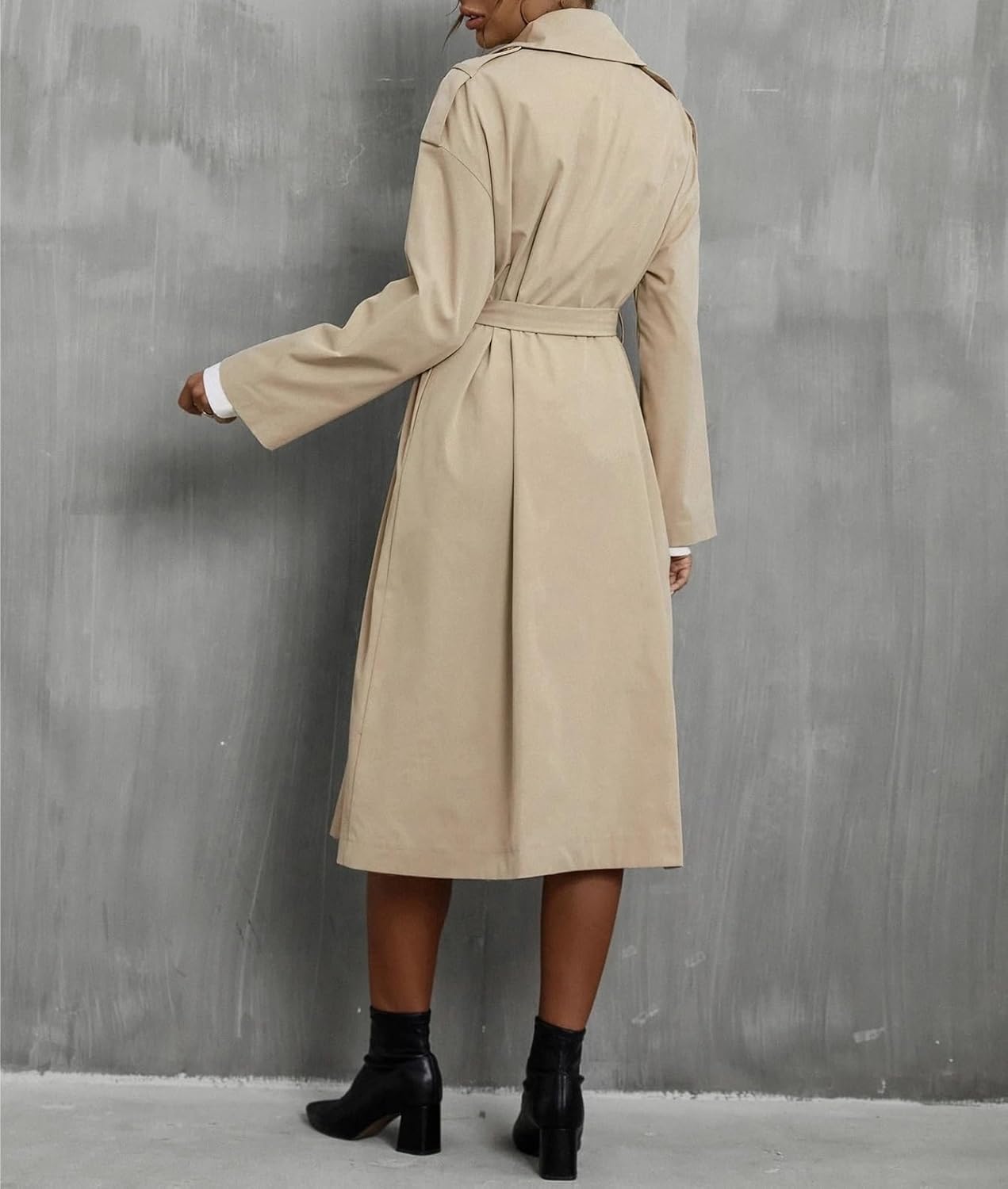 Women's Trench Coat Elegant Drop Shoulder Double Breasted Belted Trench Coat Long Sleeve Classic Overcoat