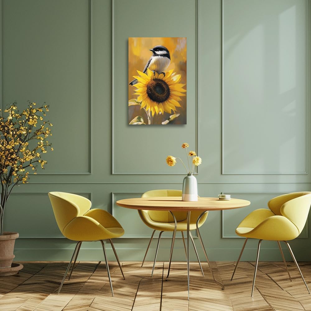 CGXLB Cardinal Bird and Chickadee Wall Art Bird & Sunflower Picture Spring Summer Canvas Prints Paintings Nature Garden Wall decor Framed for Bedroom Bathroom Kitchen Office 12"x18"