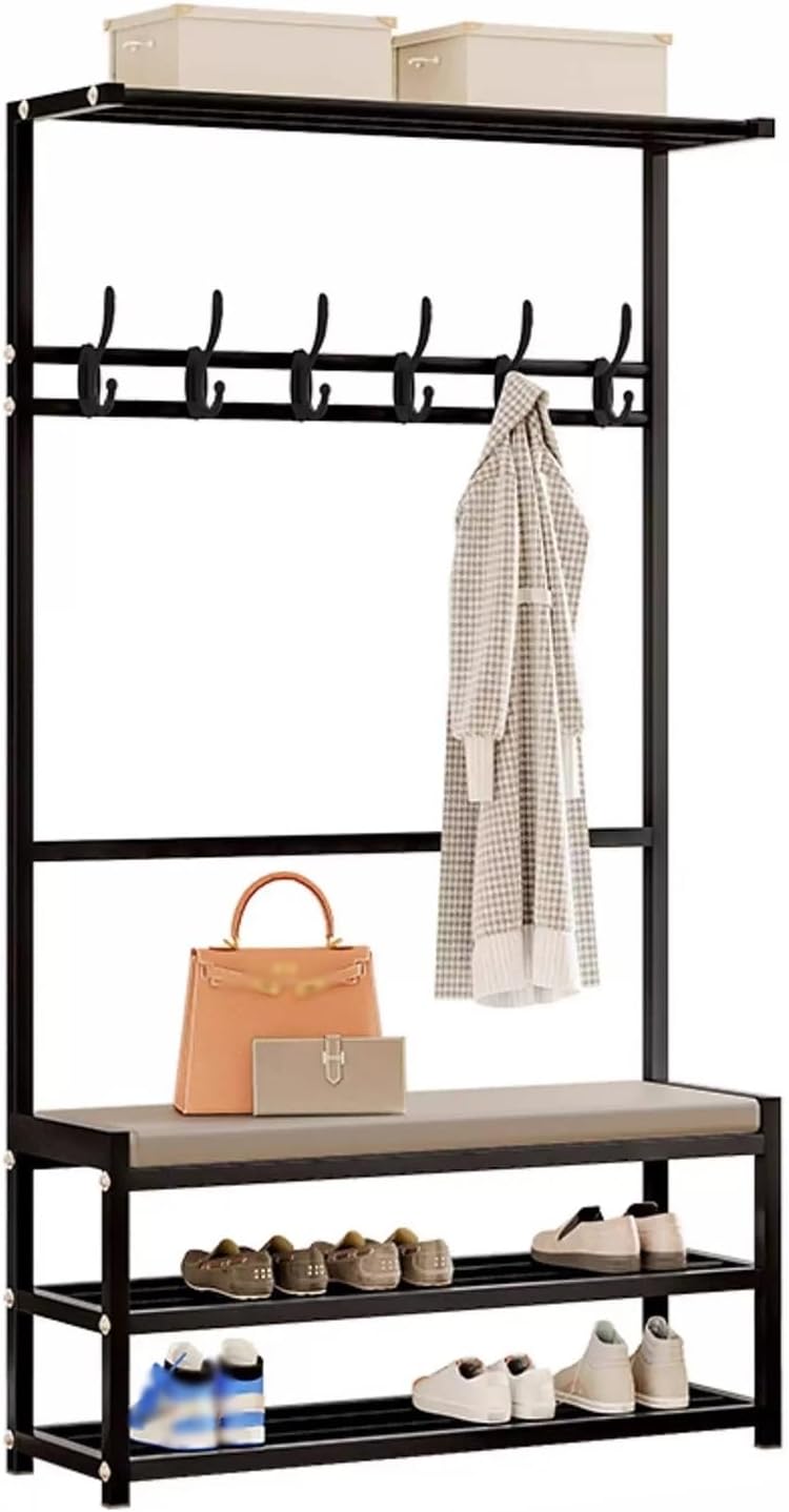 - Hall Trees，Entryway Bench with Coat Rack and Shoe Shelf，Industrial Hall Tree with Bench，for for Entryway/Office/Bedroom(Black,29.5x10x62.9in)