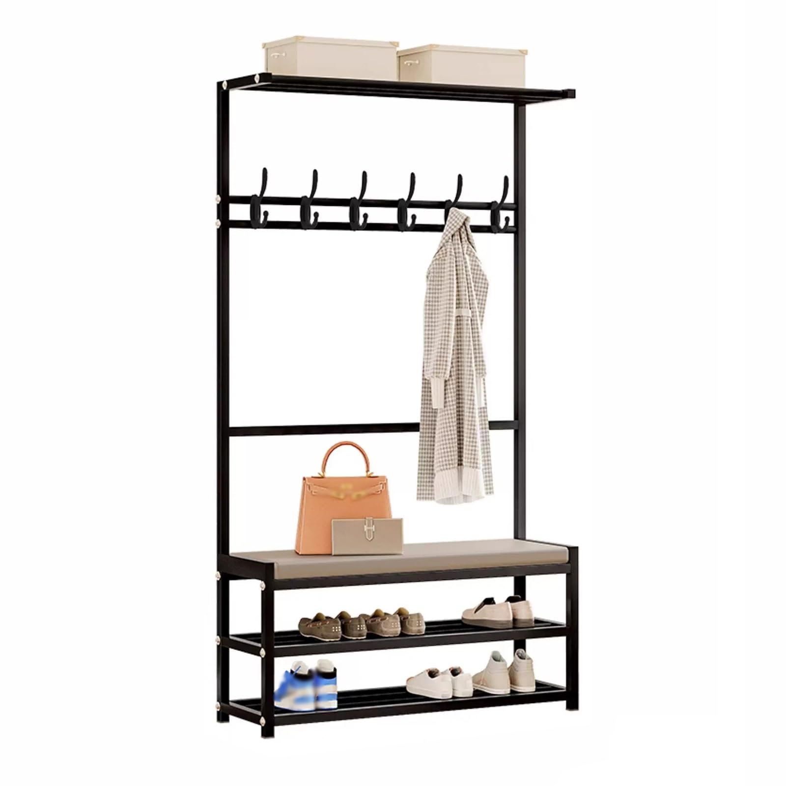 FGXHHS Industrial Hall Tree with Bench, Entryway Coat Rack & Shoe Shelf, Space-Saving nizer for Home/Office/Bedroom, Black, 23.6"x10"x62.9" - Sto Solut