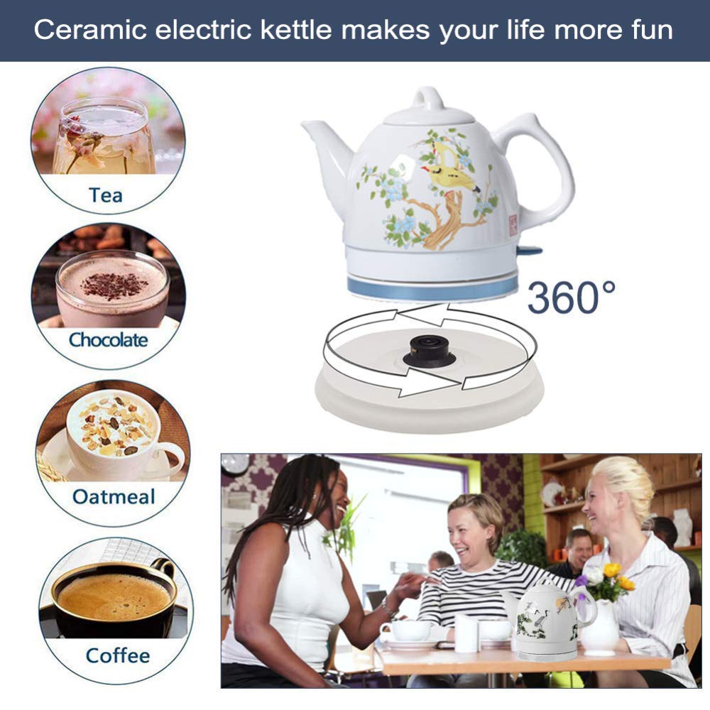 Bollitore Elettrico Portatile Bollitore in Ceramica Teiera-Brocca Retrò da 1 Litro, Base Rimovibile, Protezicontro L'Ebollizia Secco-1000W