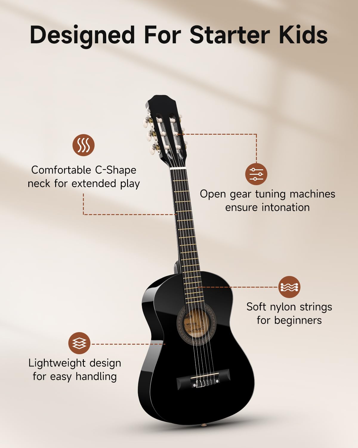 Guitarra acústica de 30 pulgadas para principiantes, niños y niñas de 1/4 tamaño junior, cuerda de nailon, guitarra clásica acústica con póster de acordes, bolsa de concierto, afinador, púas, cuerdas de nailon, cejilla, tela, correa, color negro 3