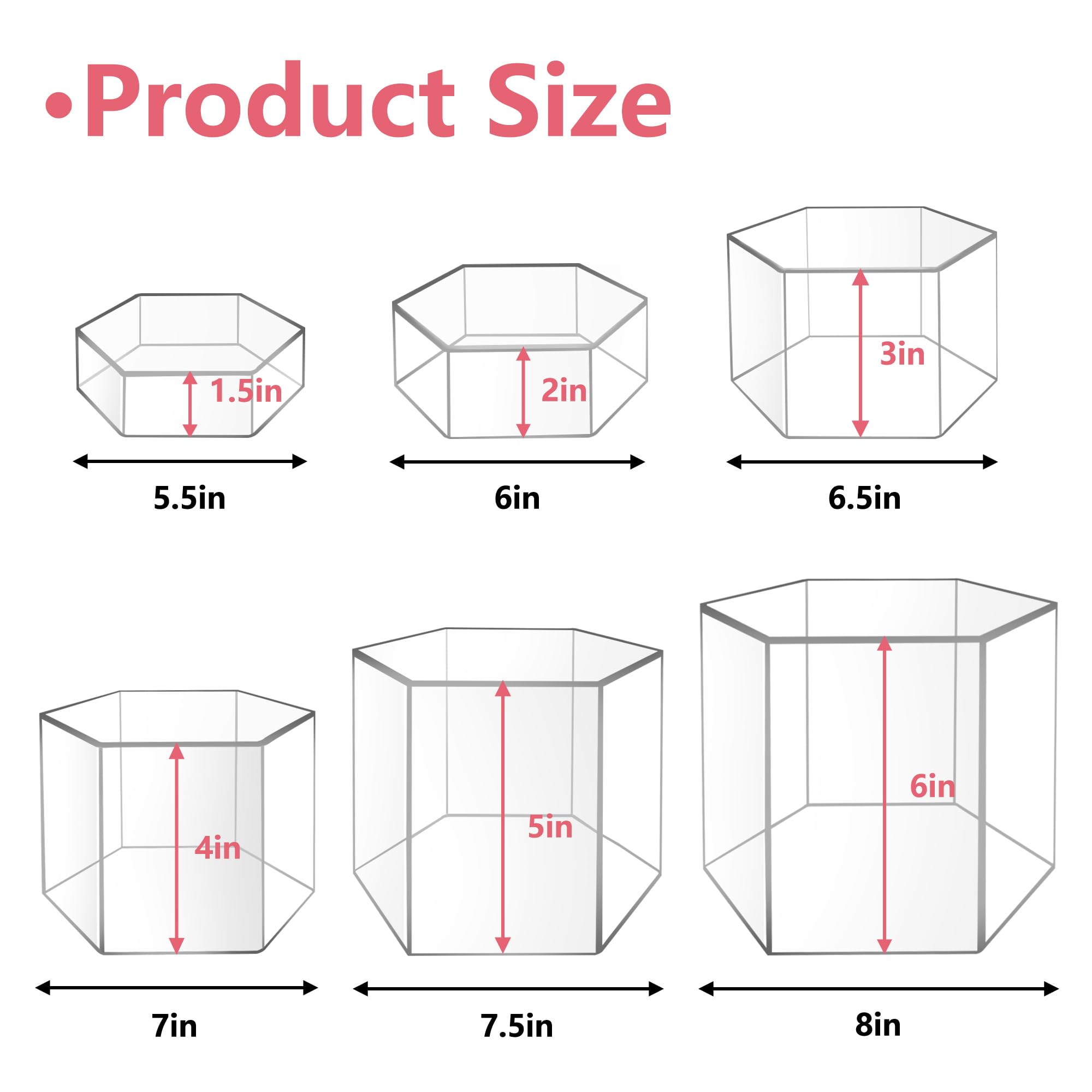 6 Stück Acryl-Boxen für Display, sechseckige Schmuckvitrine, sechseckige Erhöhung Vitrinen, Acryl-Vitrinen, transparent
