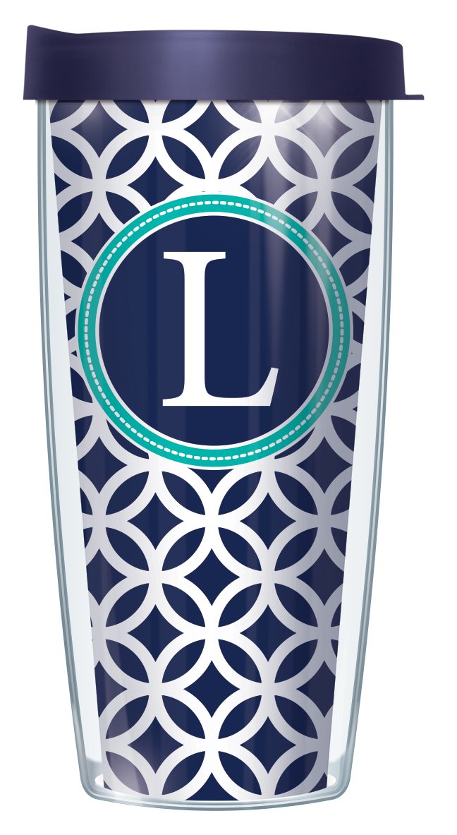 Signature Tumblers"L" Monogram Insignia Wrap on Navy and White Roundabout 22 Ounce Double-Walled Travel Tumbler Mug with Navy Blue Easy Sip Lid