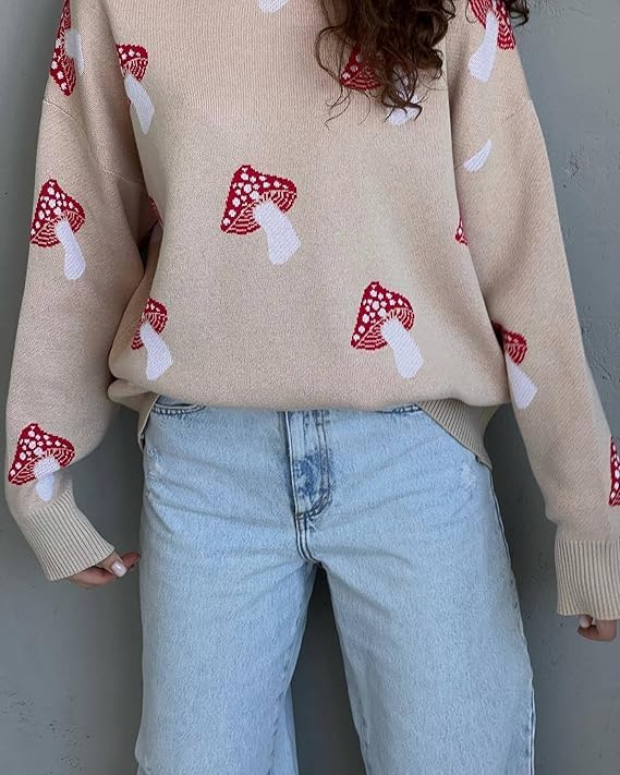 Apvirdy Mushroom Sweater Women Crewneck Long Sleeve Knit Sweater Loose Cute Graphic Pullover Sweater3