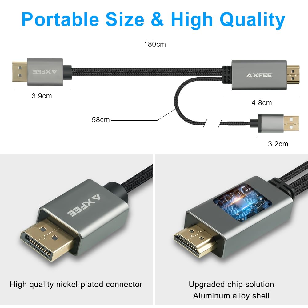 AXFEE Cable HDMI a DisplayPort, 1.8M Cable HDMI a DP, 4K@60Hz, Compatible con Desktop, Laptop, Raspberry Pi, MacBook Pro, PS 5/4/3, Xbox One, Xbox 360