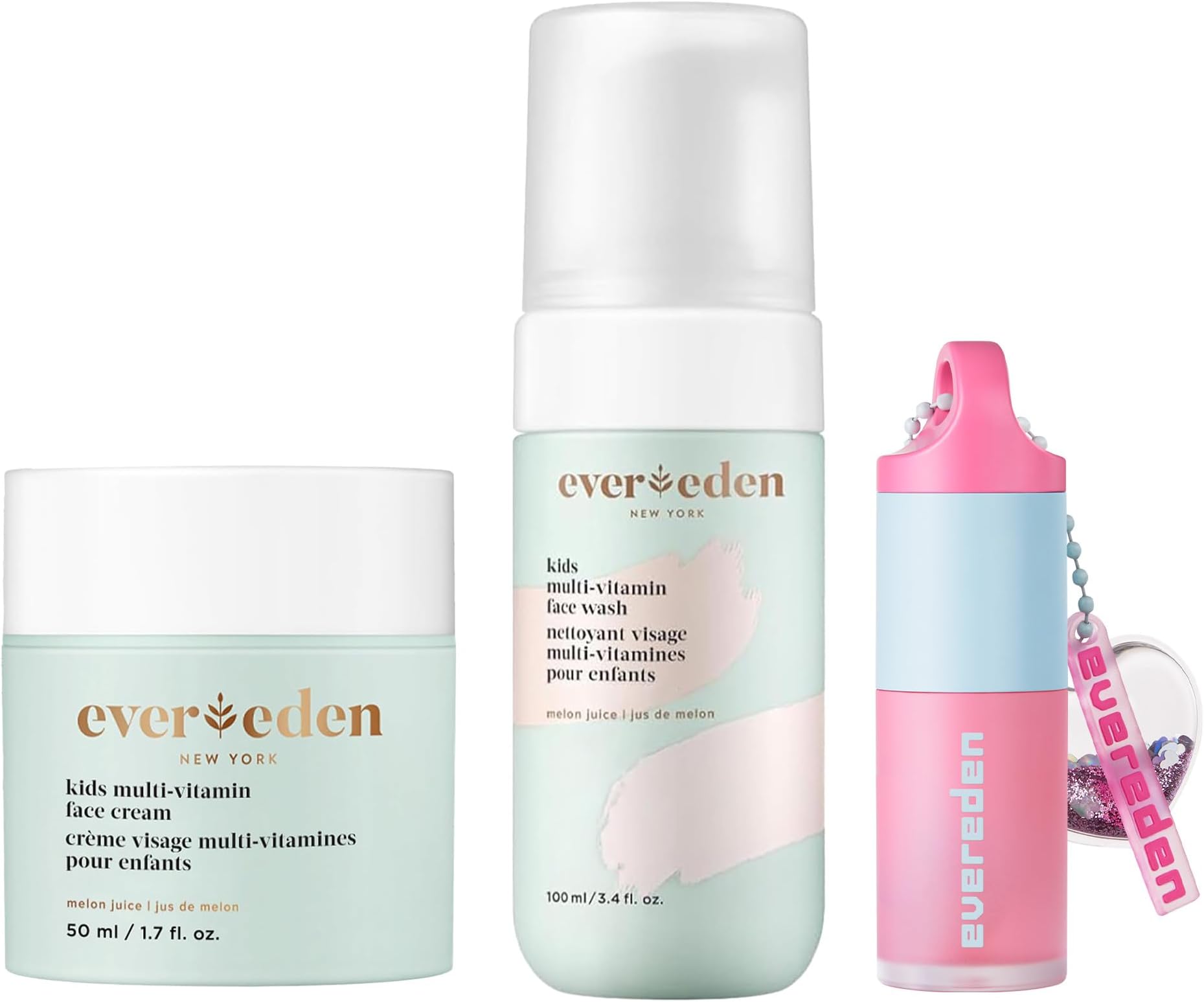 Evereden Happy Kids Skin & Lips Routine - Multi-Vitamin Face Wash & Face Cream Melon & Tinted Lip Oil Sakura Pink Set - Clean & Vegan Skin Care for Kids 3+ - Moisturizing, Nourishing, & Protective