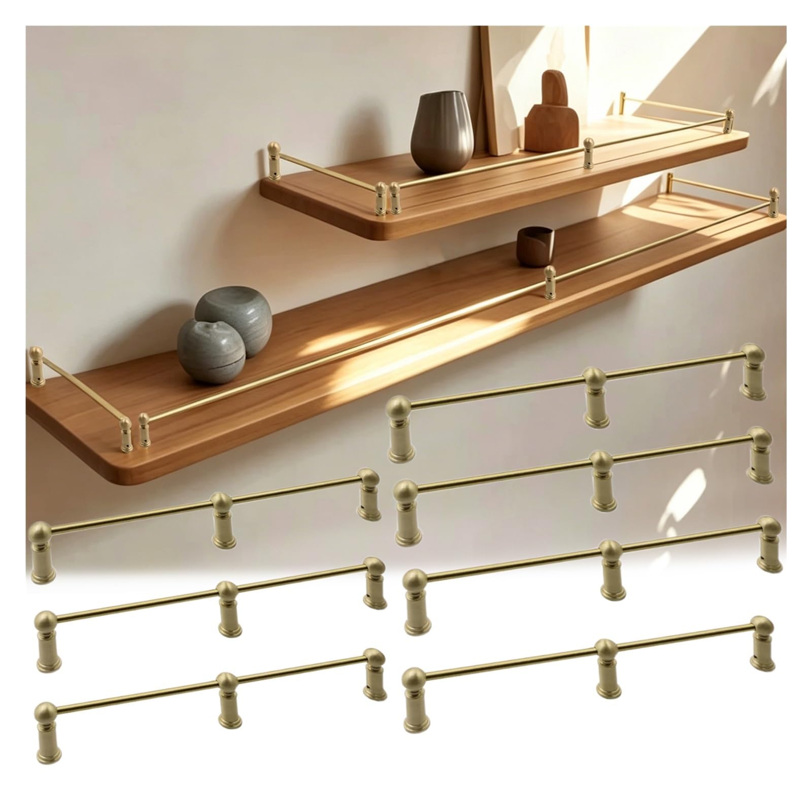 Hphdfs 7Pcs Brass Cabinet Safety Rail 20-158 Cm, Customizable Length Anti-Fall Guard Rail Bar With Spindles & Screws, Decor Pole Guardrail For Kitchen Shelf & Wine Rack Organizer(,L 31"/78.7Cm)