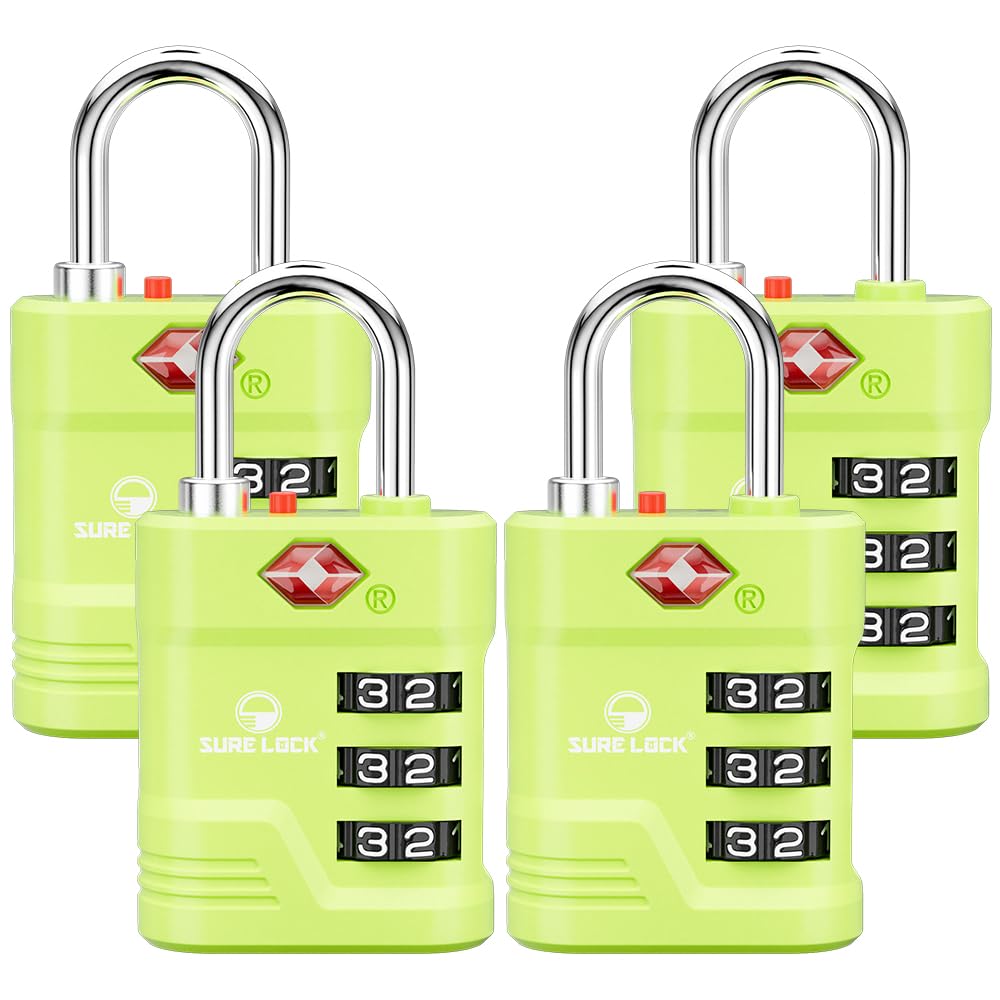 SURE LOCK TSA Approved Luggage Lock – 3-Digit Resettable Combination Padlock with Open Alert Red Dot, Large Easy-Read Dials for Suitcases, Backpacks,