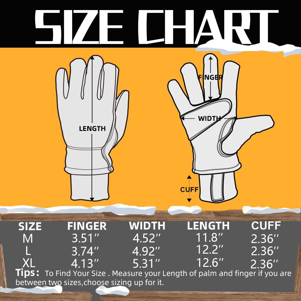 Insulated Leather Work Gloves for Men, Windproof Cowhide Winter Work Gloves for Driving Working, Water Resistant - Image 7