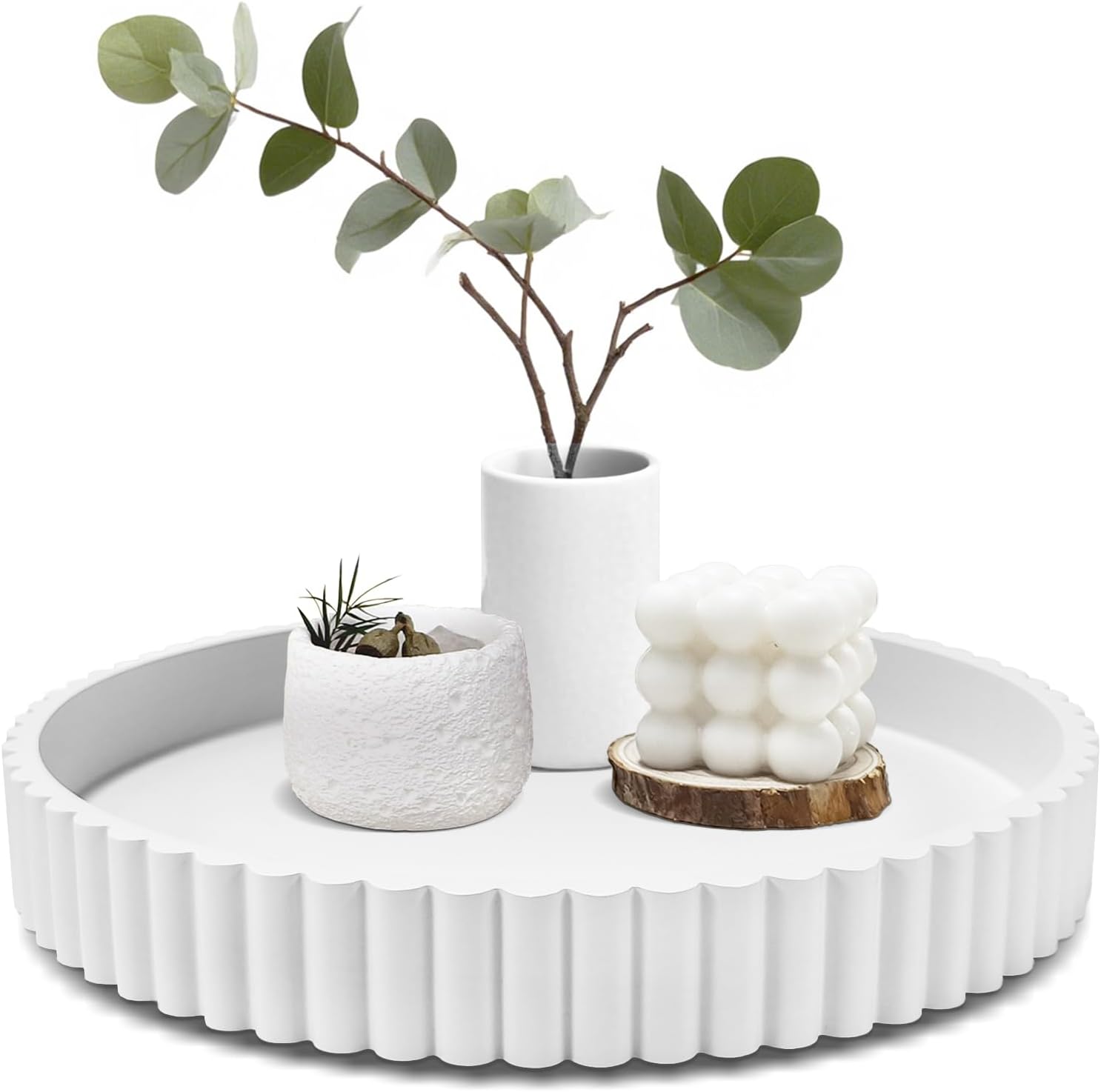 Large Resin Decorative Tray for Coffee Table, 11” Round Tray Decor for Living Room Coffee Table Centerpiece, Anti-slip, Rust Prevention, Bandejas Decorativas White 11"