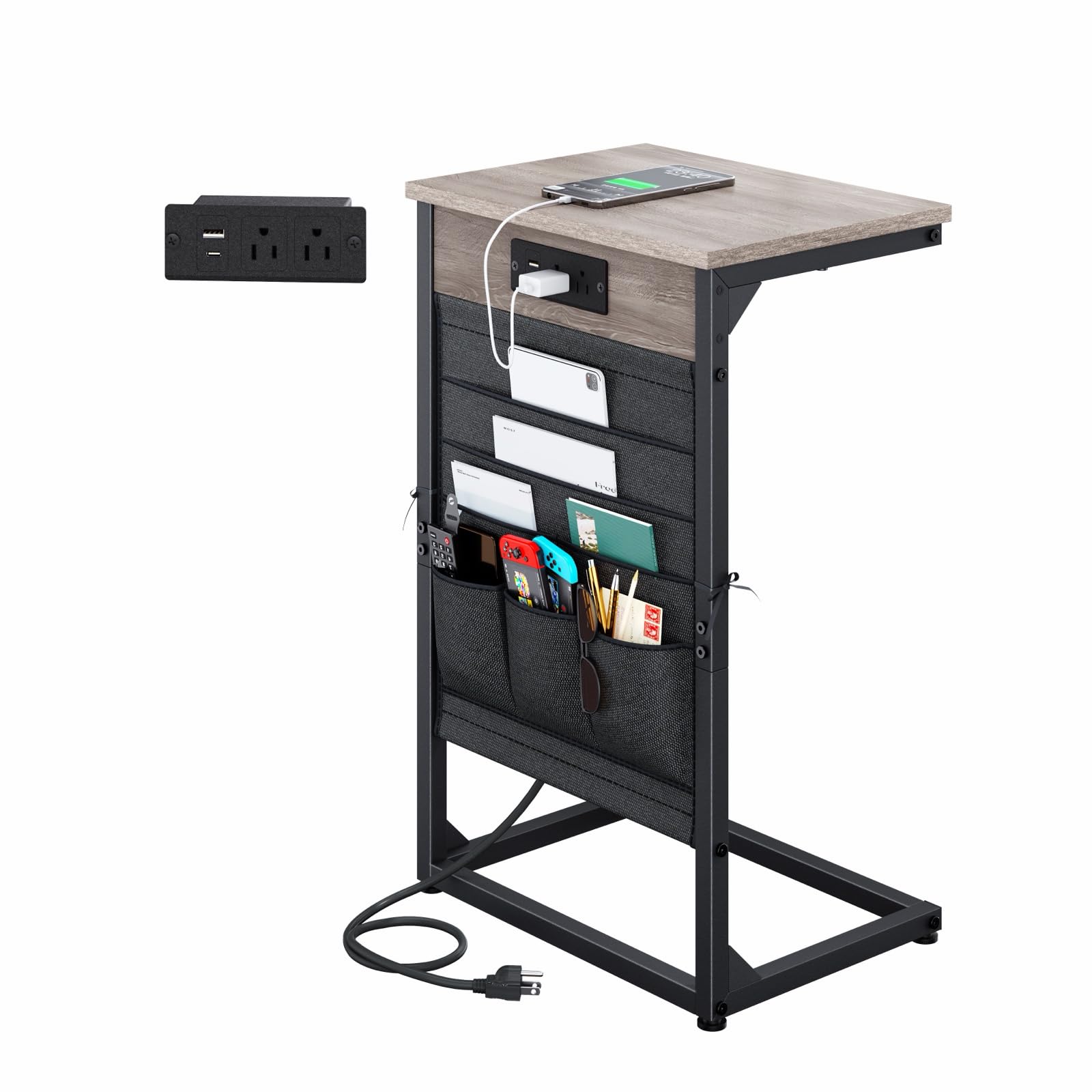 NEFROM C-Shaped End Table with Fast-Charging Station, Small Couch Side Table with Storage Bag, Sofa TV Tray Table for Living Room, Bedroom, Bedside