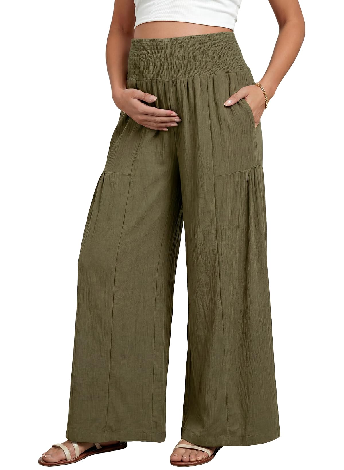 BLENCOT Maternity Smocked Waist Palazzo Pants Wide Leg Casual Trousers