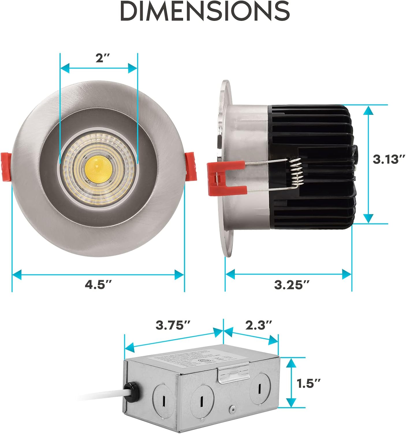 LUXRITE 4 Inch LED Recessed Lighting with Junction Box, 15W, 5 Color Selectable 2700K-5000K, 1100 Lumens, 40° Spotlight, Dimmable Downlight, Wet Rated, IC Rated - Brushed Nickel - Image 4