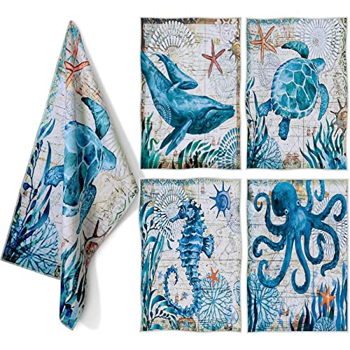 4 Pcs Beach Kitchen Towels Beach Themed Decor For Home Beach Accessories Hand Towels Tea Towels For Kitchen Housewarming Gift For New Home, Blue Coastal Kitchen Towels (Dark Blue, Ocean Animal) #TOP7