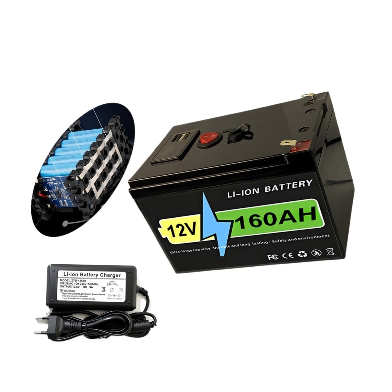 Pacco Batteria Ricaricabile 12V 60-160Ah Ciclo Profondo | For luci, campeggio e alimentazione di riserva domestica Batteria al litio + caricabatterie(100Ah Battery x1)