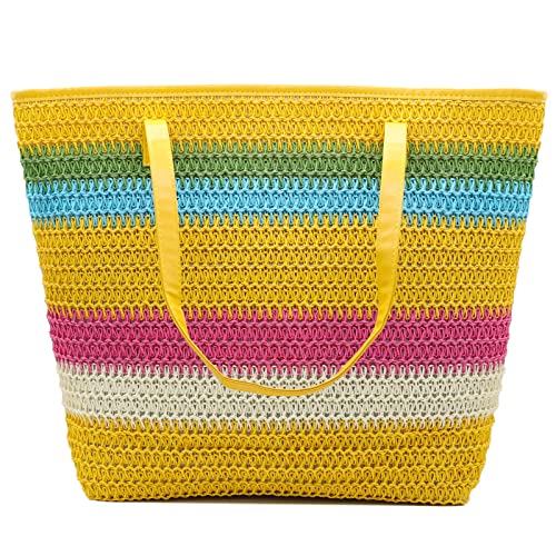 We We Large Woven Straw Tote Bag for Women Boho Beach Bags Colorful Stripe and Stitchwork Straw Tote Beach bag with zipper