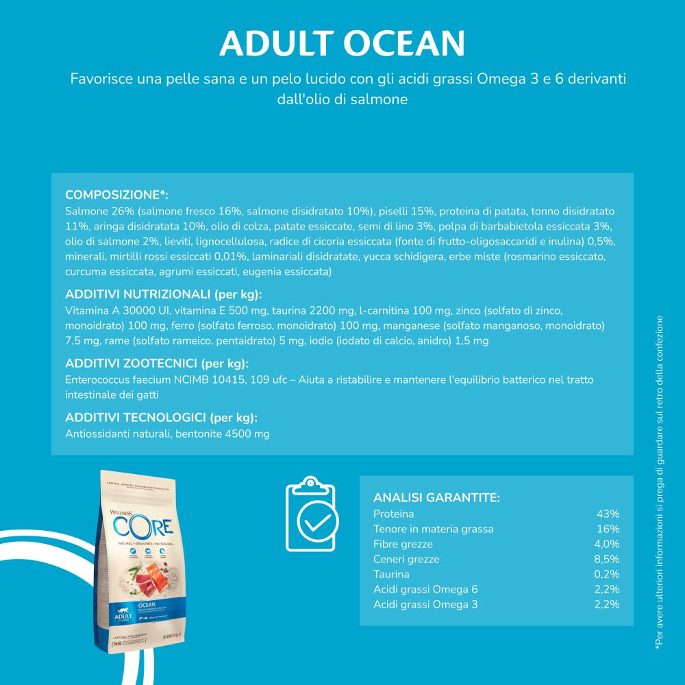 Wellness CORE Ocean 4 kg, Salmone/Tonno – Crocchette per Gatti Adulti, Senza cereali, Naturale, Ipoallergenico, Ricco di Proteine, Alto Contenuto di Pesce, Pelle Sana & Pelo Lucido