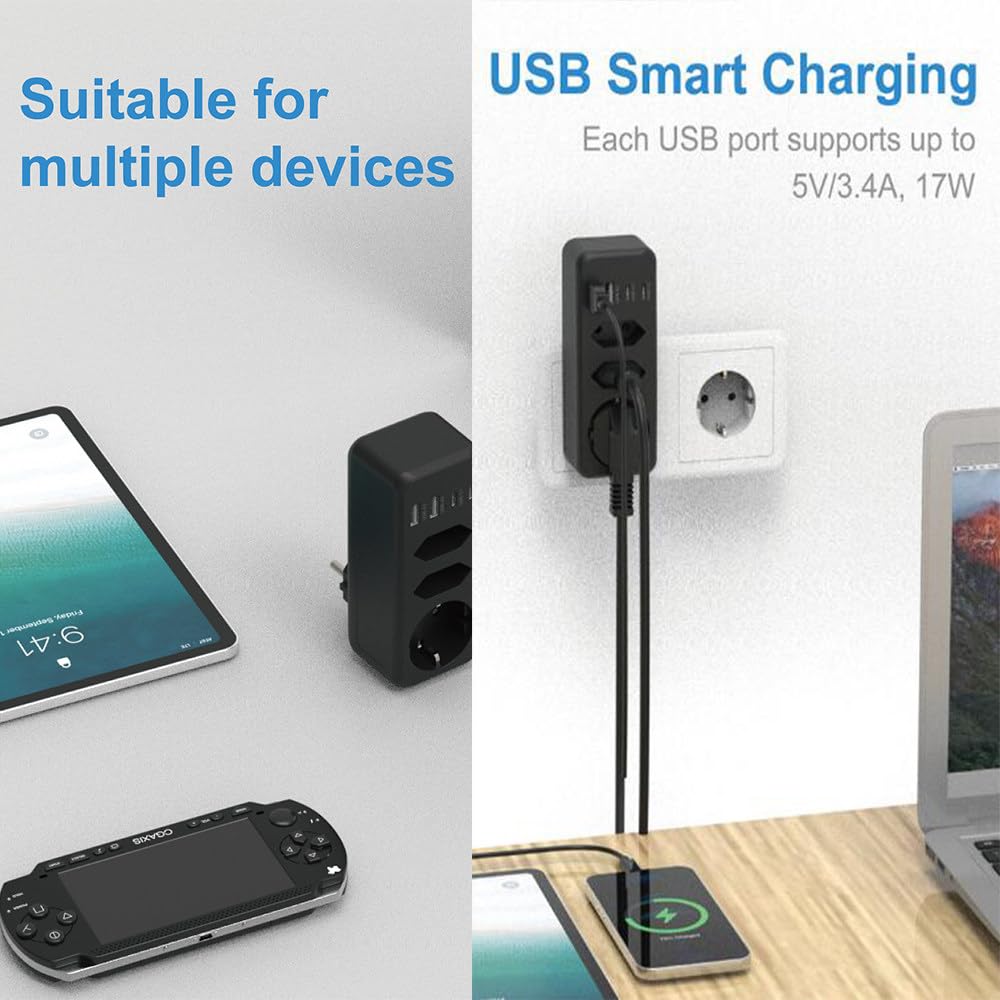 Multipresa Standard Europea, Multiforo, Presa Di Ricarica Usb Per Cellulare, Prolunga Con Protezione Da Sovratensioni Certificata Ce (5,4 X 4 X 16,8 Cm)