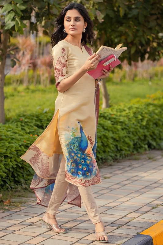 Image of Sun Fashion And Lifestyle Women's Simmer Silk Stitched Printed Kurta Dupatta (KD7 Yellow)