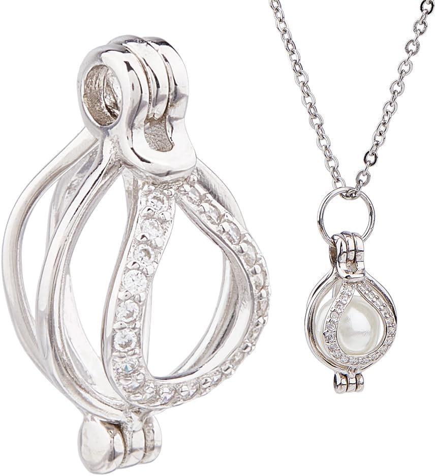 Sterling Silver Bead Cage Pendants Crystal Necklace Holder Hollow Charm Openable Bead Cage Crafting Charms for DIY Necklace Jewelry Making
