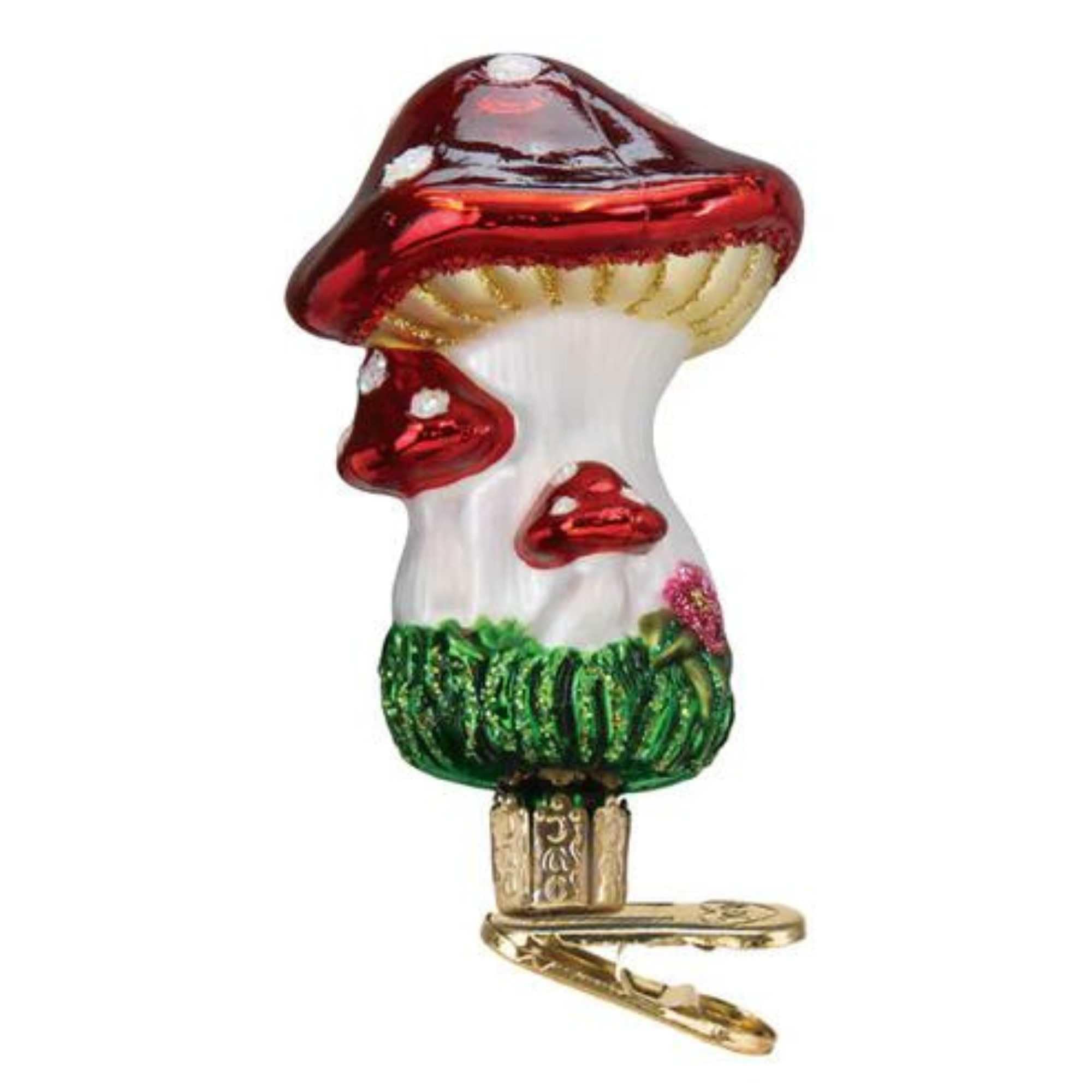 Old World Christmas Clip-On Mushrooms Glass Blown Ornament for Christmas Tree, Handcrafted Holiday Decoration, Bird Watcher Clip Collection