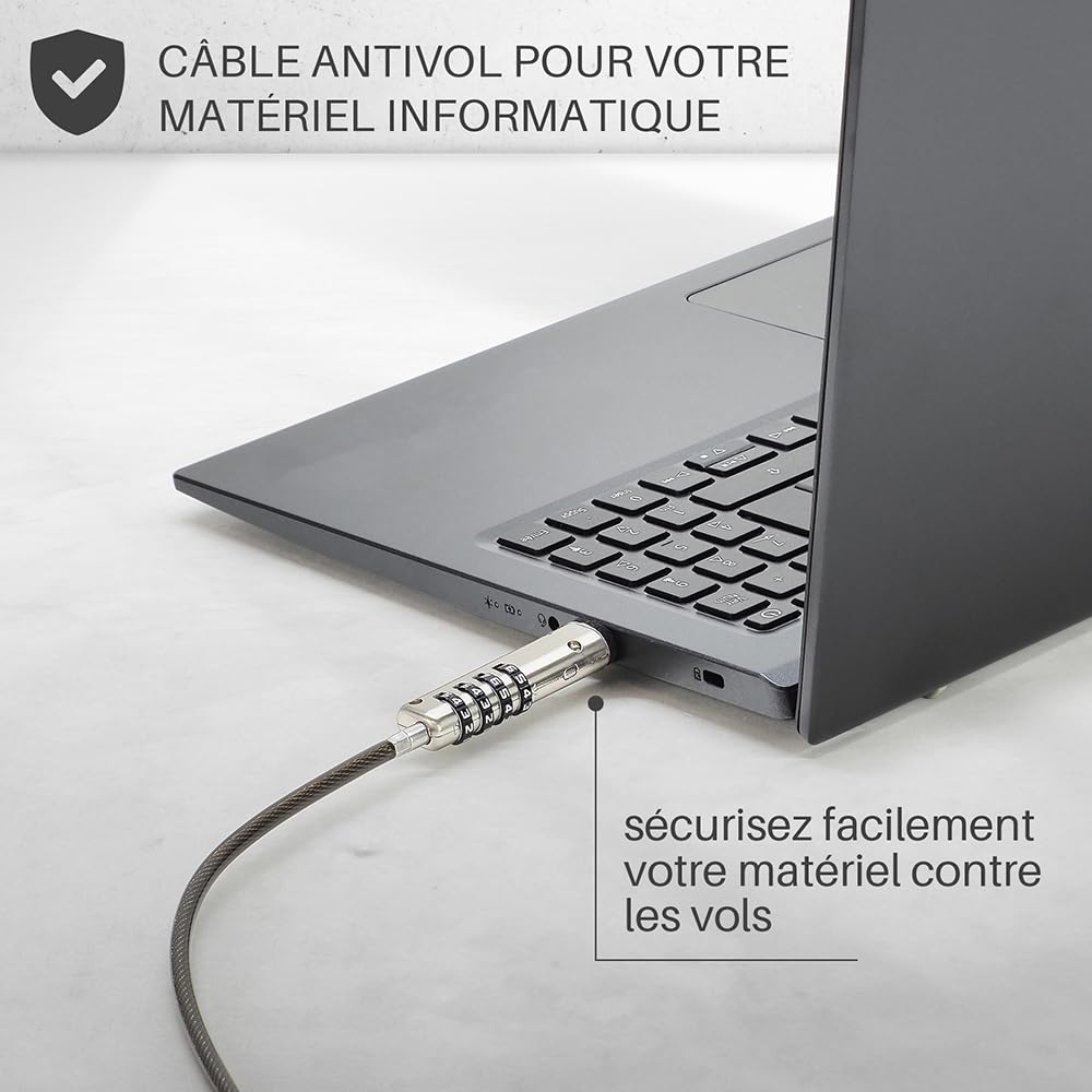Waytex Câble Antivol PC à Code pour Prise USB, Câble de Sécurité Verrouillable pour Ordinateur Portable, PC, Mac sans Slot de sécurité - Longueur 1,90m