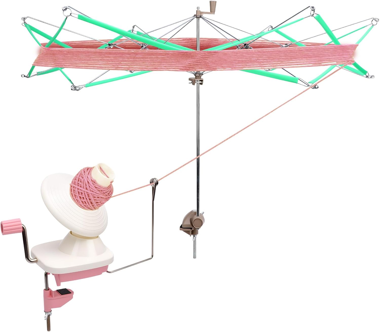 WODHMIEY Yarn Winder Hand Crank Yarn Ball Winder Manual Portable Yarn Winder for Crocheting, Yarn Swift and Holder, Compact Yarn Roller Tool, 2PCS Set, Crochet Tools and Accessories (Pink)