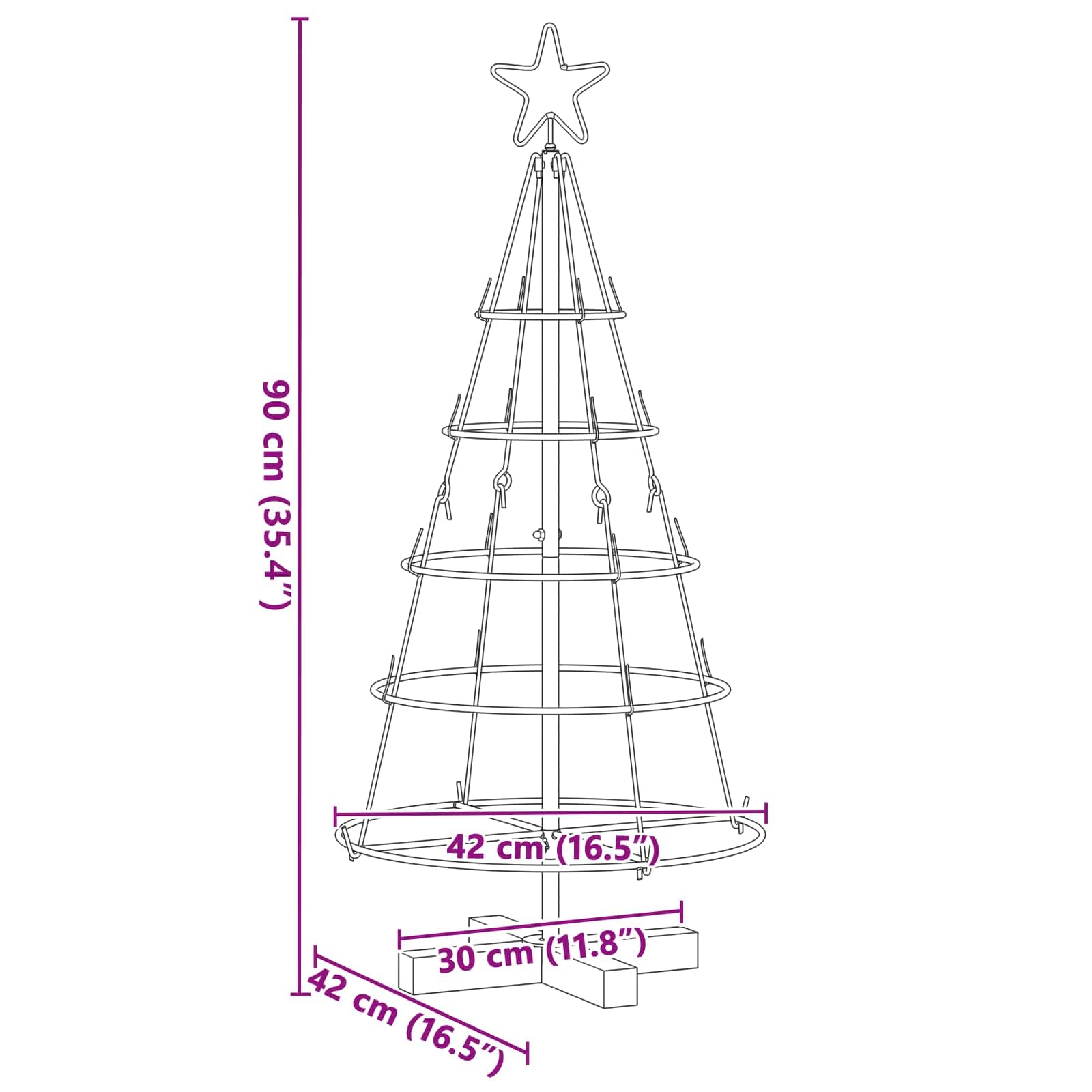 Albero di Natale a forma di cono, nero, 90 cm, in acciaio, con supporto in legno di pino, stabile, per soggiorno e esterni protetti, decorazione natalizia moderna, salvaspazio e realistico