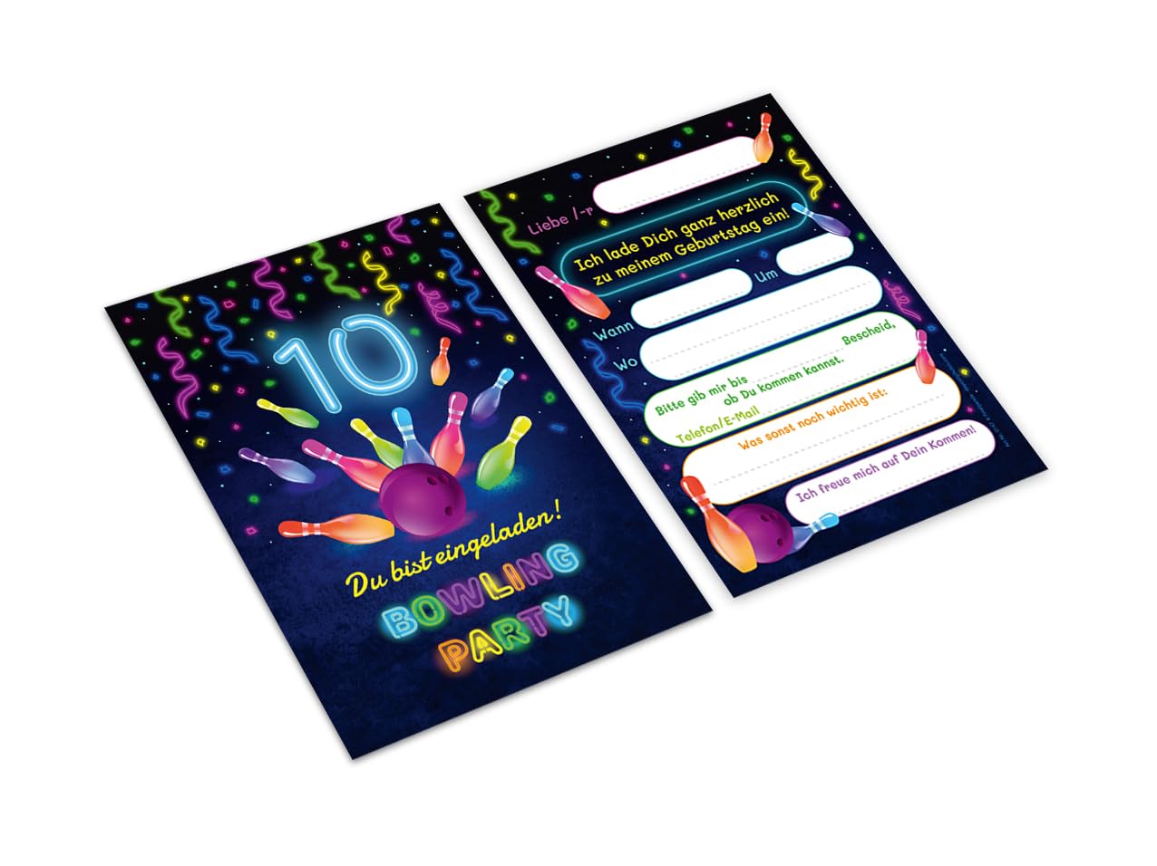 Minkocards 12 Einladungskarten – 10. Bowling-Geburtstag Für Jungen & Mädchen, DIN A6, UV-veredelt