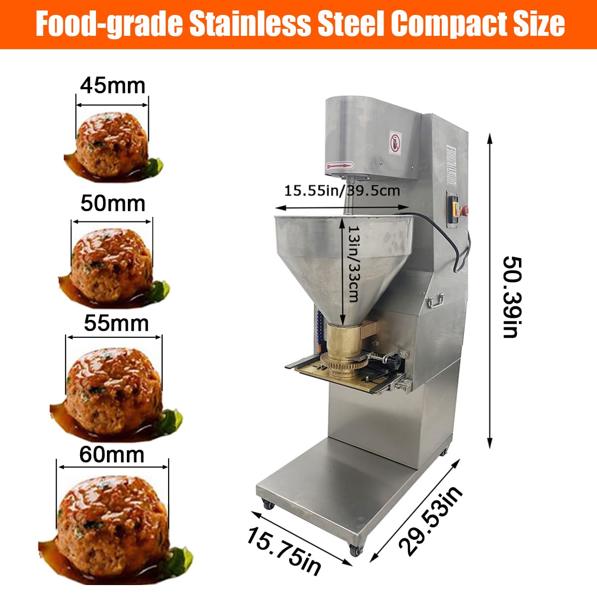 EQCOTWEA 110V 1100W Stainless Steel Meatball Forming Machine, 4 Dies (45/50/55/60mm), 260PCS/Min, Commercial Electric Meatball Maker, Vertical Automatic Meatballs Former for Large Porkballs Beefballs