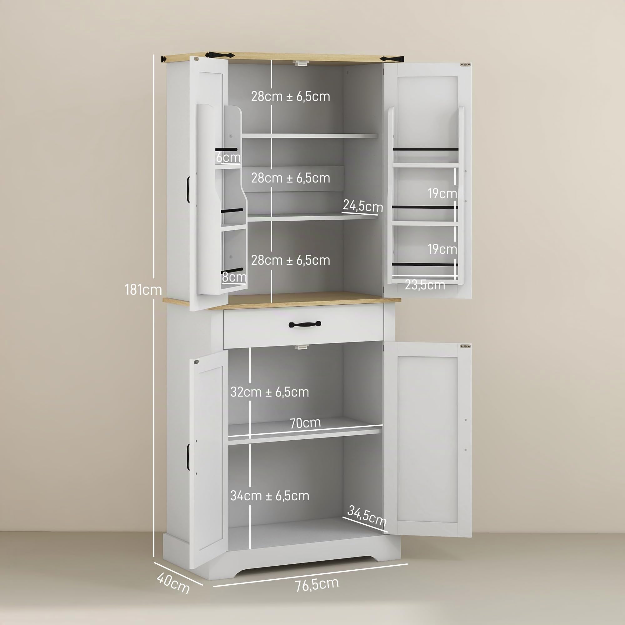 HOMCOM Armoire de Cuisine Buffet Cuisine 4 Portes 76,5 x 40 x 181 cm Blanc