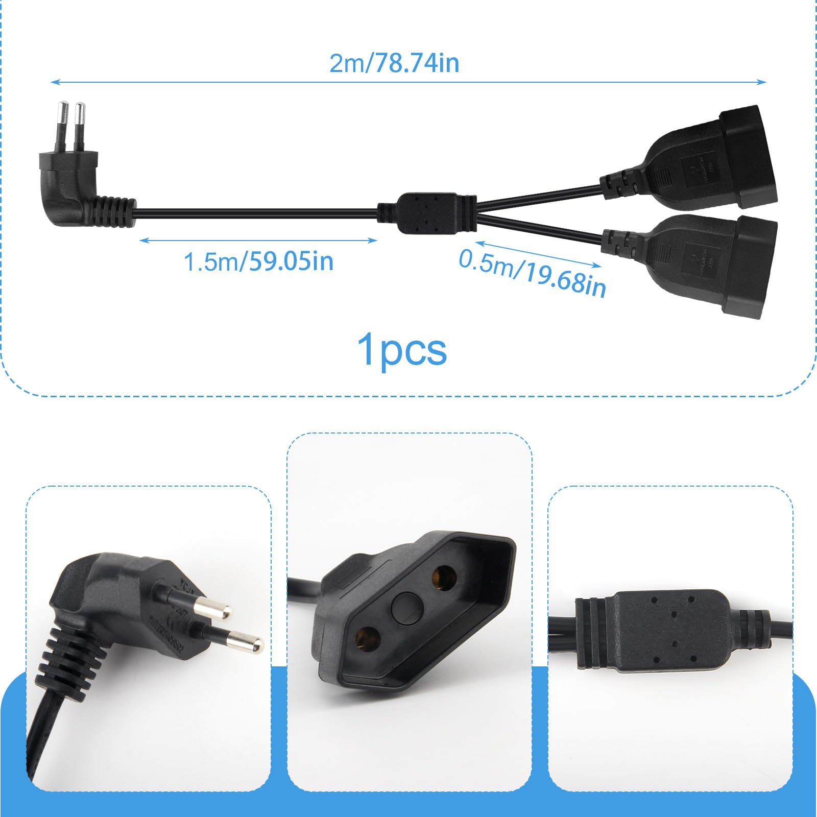 Prolunga Piatta 2 en 1 Europea 90 Gradi Cavo Prolunga Spina Piatta 250 V/2.5 A Max Ciabatta Presa 2 m per Elettrodomestici TV PC Monitor Proiettore Casa Ufficio (Nero) - 2