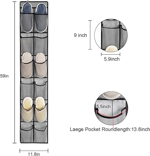 Miniatura 3 de Organizador de zapatos sobre la puerta, 12 bolsillos grandes de malla para colgar puerta estrecha de armario, blanco, paquete de 2 (gris)