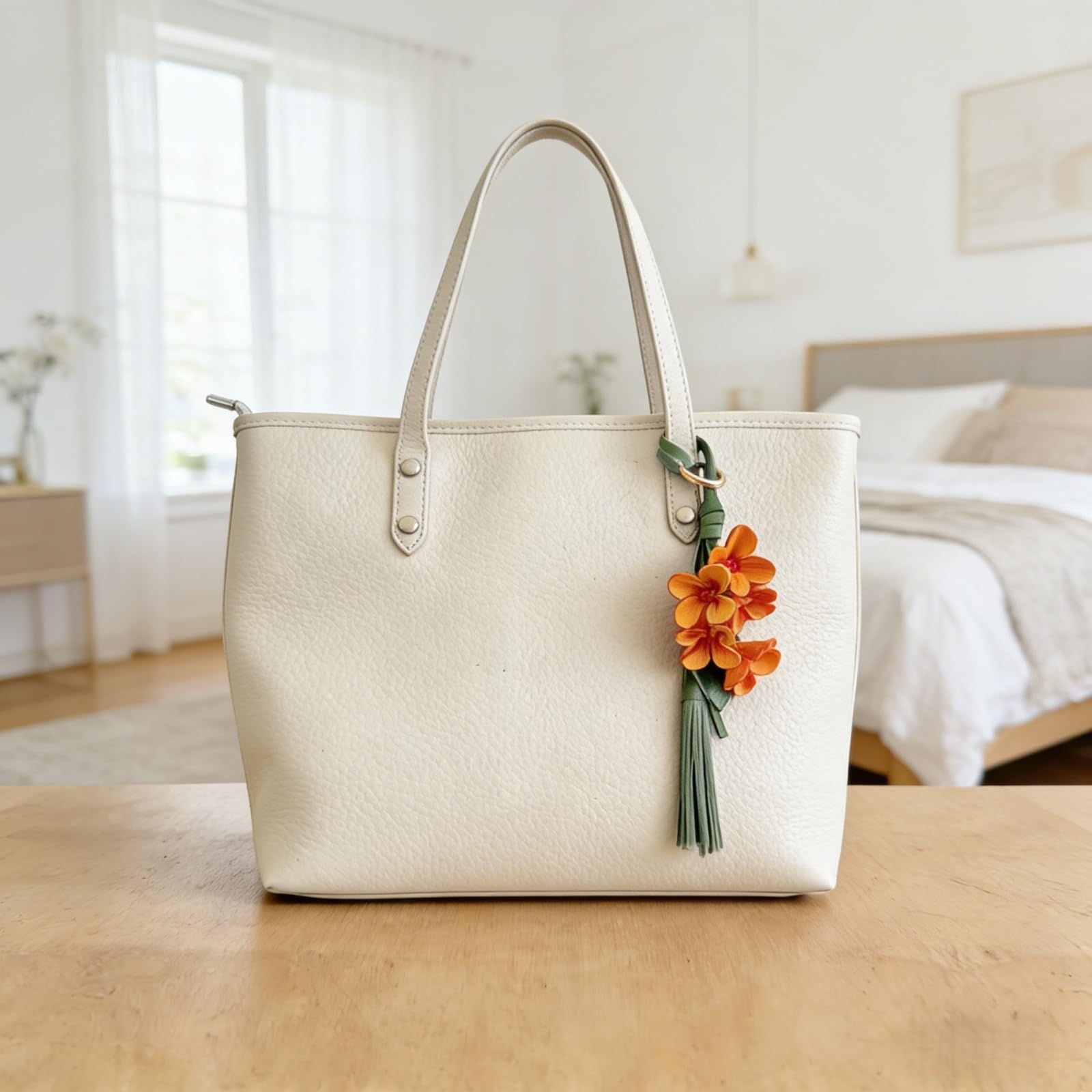LRTJ Llavero bohemio de piel auténtica con flores, bonitos dijes para bolso de mano, dijes para bolso de mano para mujer