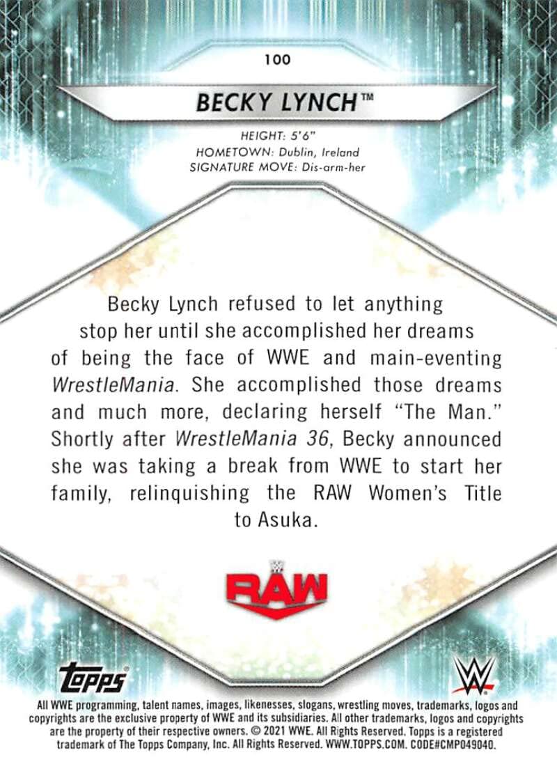 Amazon.com: 2021 Topps WWE #100 Becky Lynch Official World