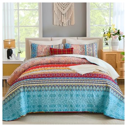 WONGS BEDDING Bohemian Quilt Set Queen, Boho Striped Pattern Printed Bedspread Coverlet Set for All Season, Microfiber Lightweight Bedspread for Summer 96"x90"(3 Pieces, Colorful)