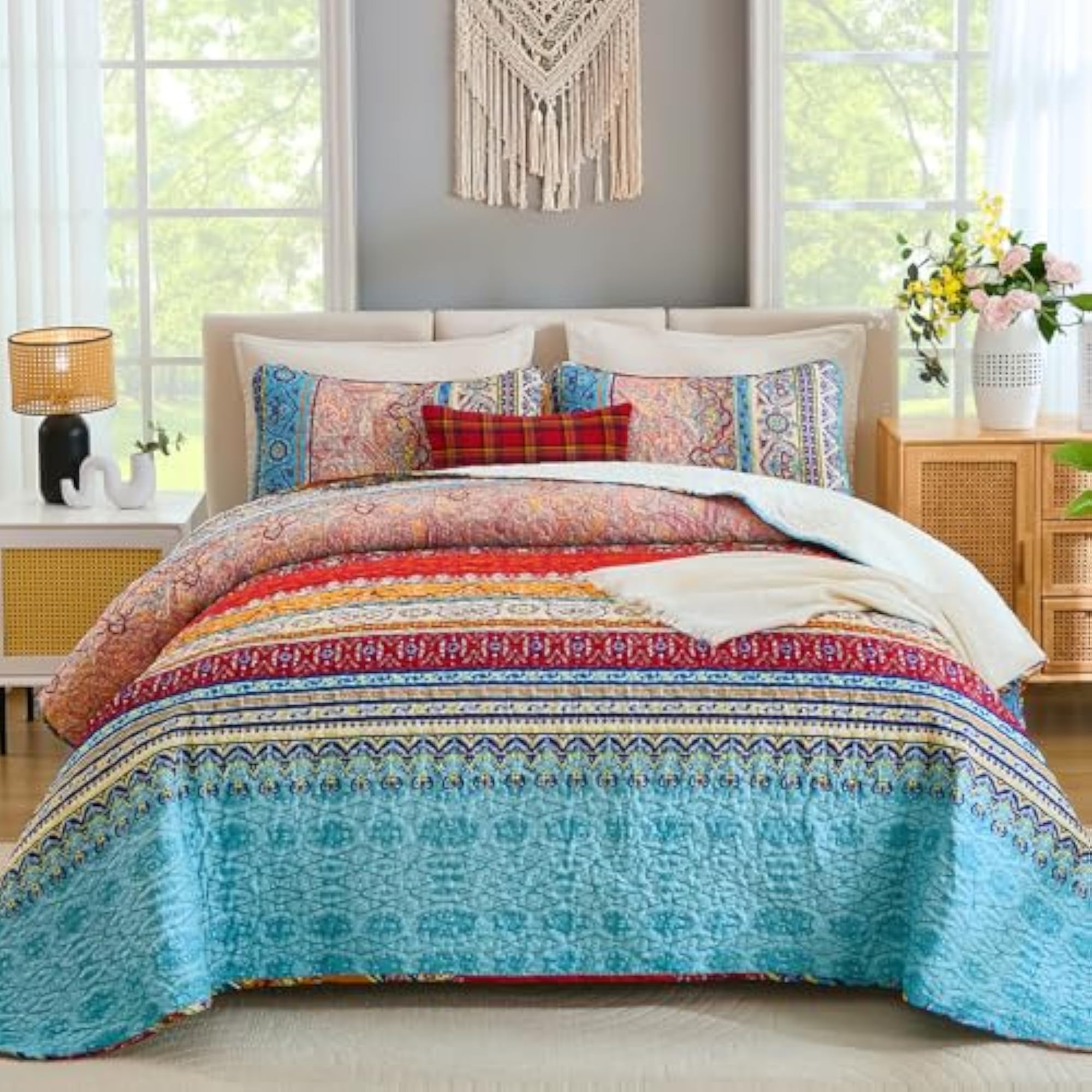 Bohemian Quilt Set Queen, Boho Striped Pattern Printed Quilt Coverlet