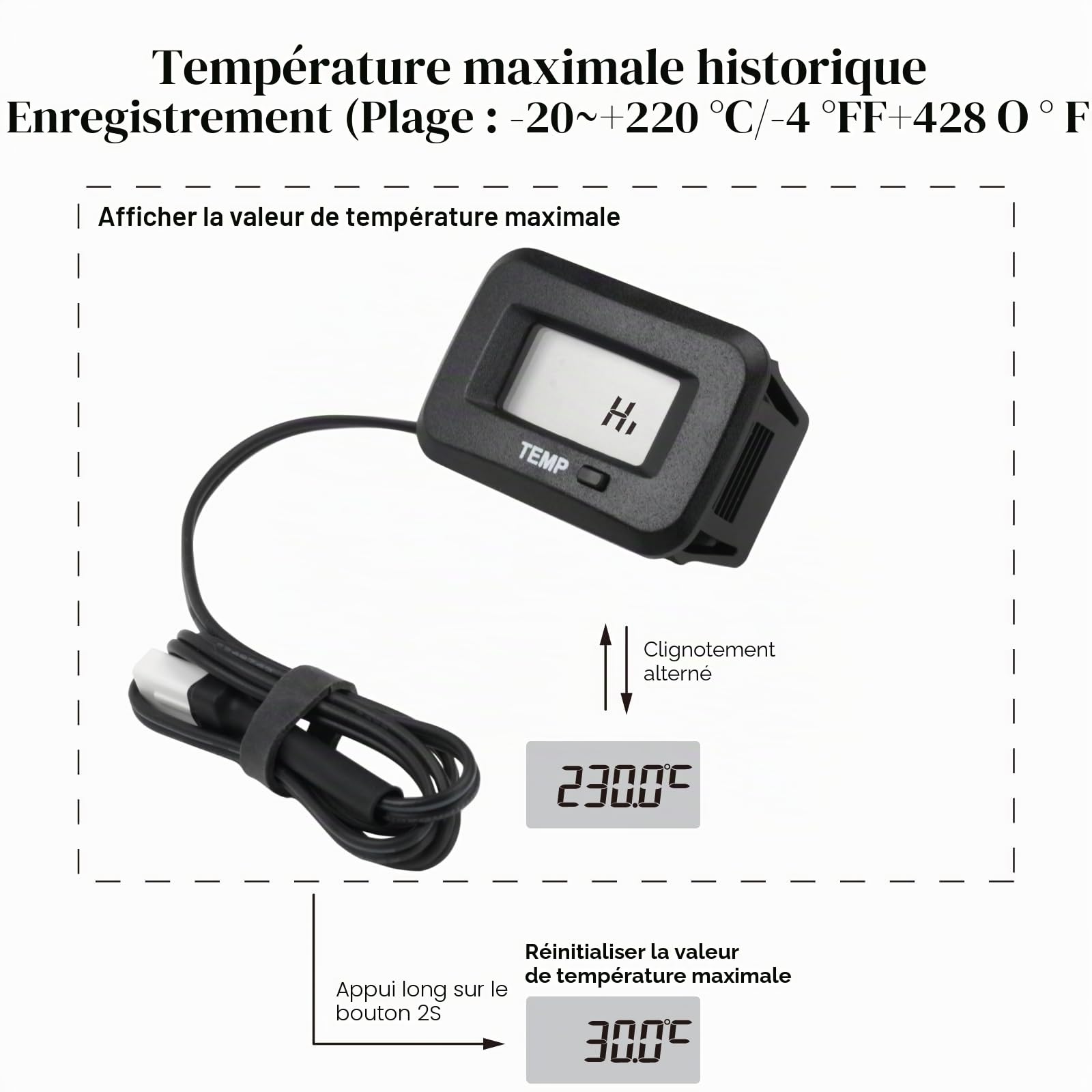 Testeur de température numérique TEMP - Alarme haute température - Utilisation pour moteur scooter, moto, tracteur, moteur hors-bord