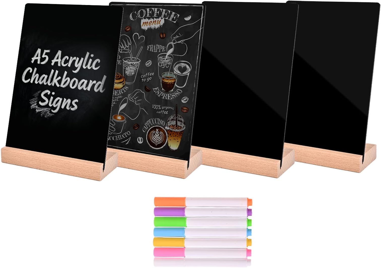 Pintuson 4 Pack Mini Chalkboard Signs - 8x6 inch Acrylic Chalk Board - Small Chalkboard Signs with Beech Base - Double Sided Blackboard for Display Menus, Food Signs, Message Boards, Table Numbers