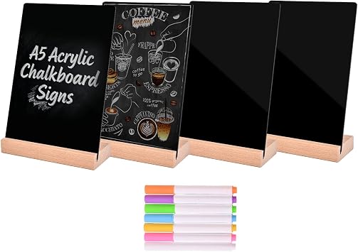 Pintuson 4 Pack Mini Chalkboard Signs - 8x6 inch Acrylic Chalk Board - Small Chalkboard Signs with Beech Base - Double Sided Blackboard for Display Menus, Food Signs, Message Boards, Table Numbers